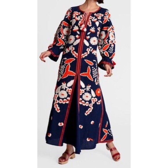 NWT Frances Valentine Geraldine Cotton Embroidery Floral Navy Red Dress Size XS - Picture 2 of 16